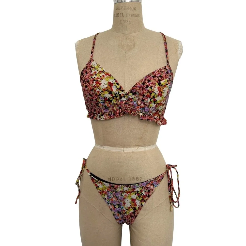 Luli Fama Floral Ruffle Bikini Set Garden Nights S Lace Up Back Ruched Bottoms